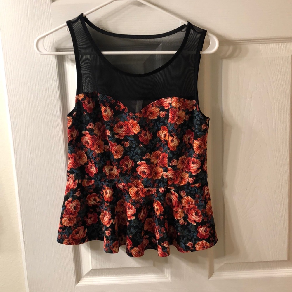 Xhilaration Floral Peplum Top with Mesh Detail.